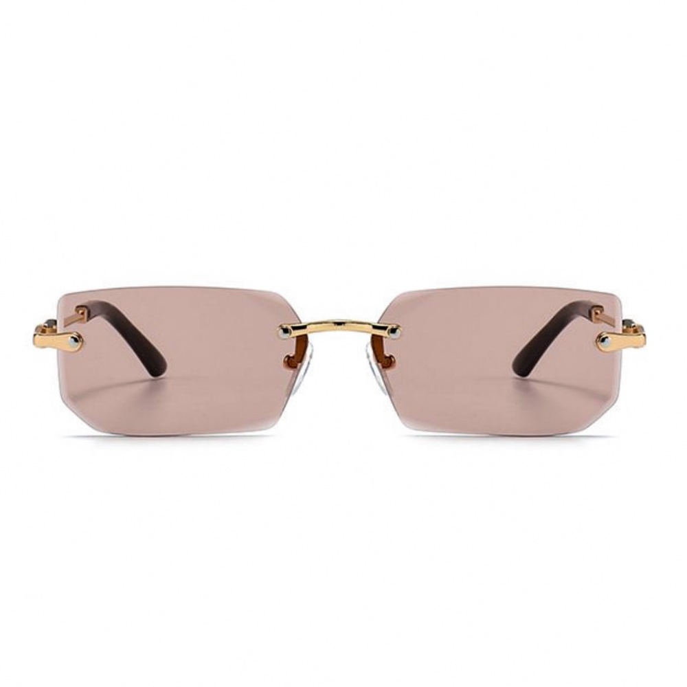 Men Women Gold Frame Pink Tint Rimless Rectangle Fashion Vintage Sunglasses